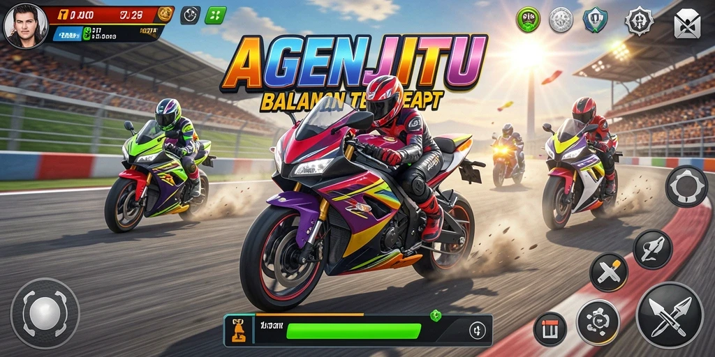 Screenshot AGENJITU menampilkan aksi balapan motor yang intens.