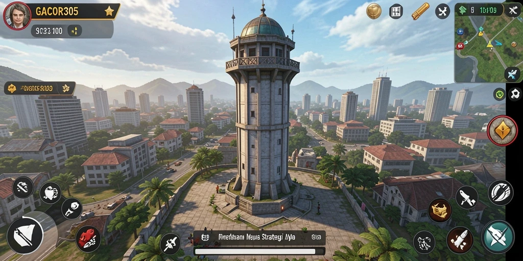 Screenshot gameplay GACOR305 menampilkan menara strategis melawan gelombang musuh.
