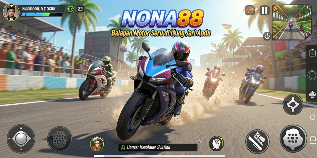 Screenshot gameplay NONA88 menampilkan aksi balapan motor yang mendebarkan.