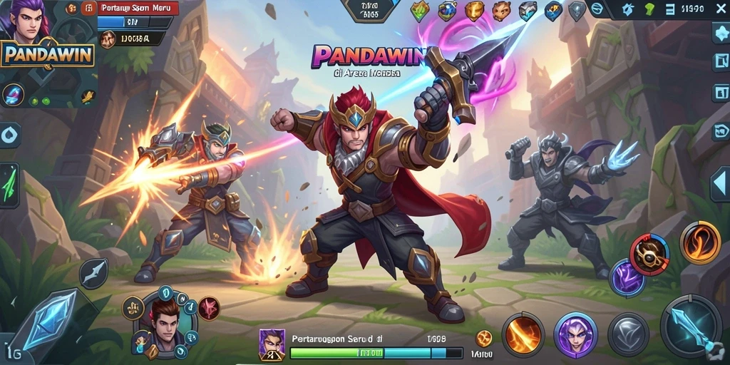 Tangkapan layar utama PANDAWIN menampilkan aksi pertarungan seru di arena.