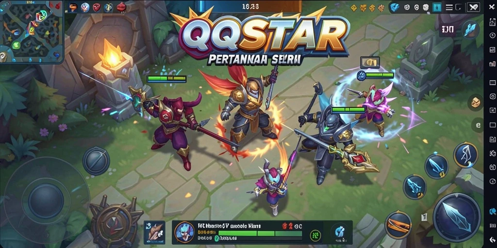 Screenshot gameplay QQSTAR menampilkan aksi seru dalam pertempuran MOBA.