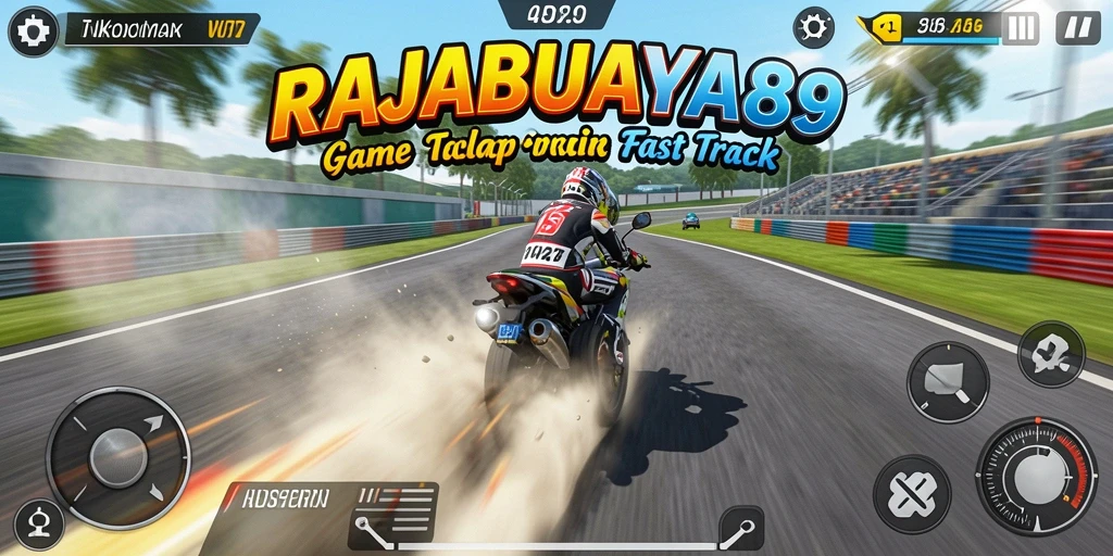 Gameplay seru RAJABUAYA89 dengan mobil balap beraksi di lintasan.